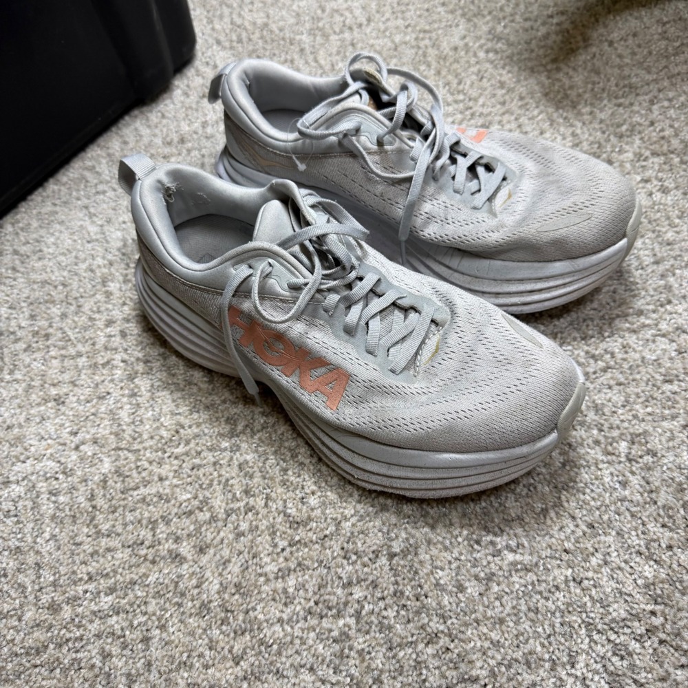 Hoka Bondi 8 Wide Harbor Mist Rose Gold Womens Running Shoes 1127954-HMLR 10.5D